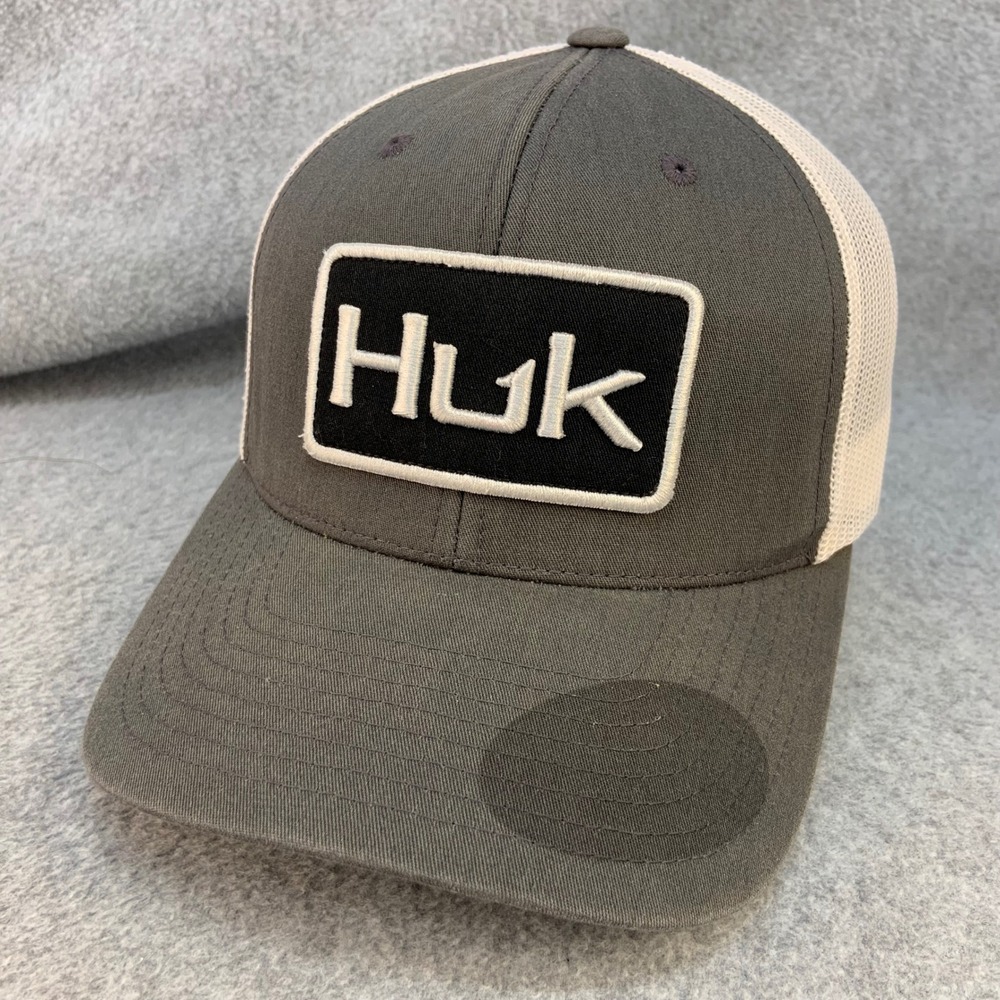 Huk Logo Patch Mens Grey Huk Fishing Trucker Hat Snapback Mesh OSFM